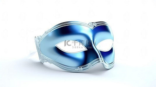 面具舞会舞会背景图片_带有蓝色面具的白色背景的 3d 插图