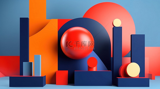 3D 插图几何孟菲斯形状的蓝色和橙色色调