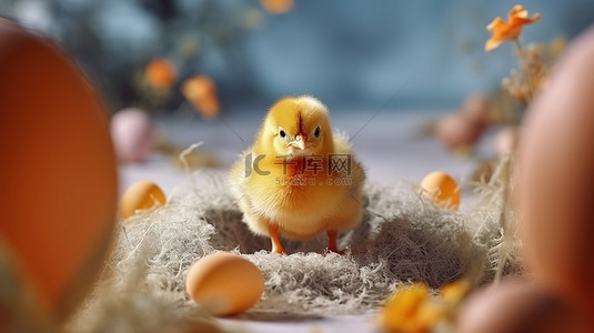 从复活节彩蛋孵化的新生小鸡的 3d 渲染