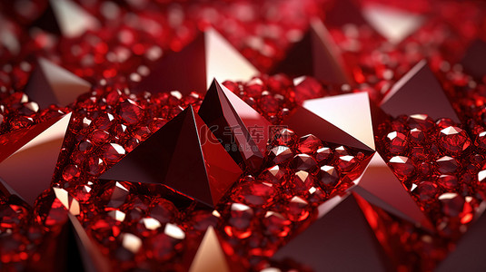 3D 渲染的华丽红色背景，装饰着三角形图案和闪闪发光的水晶