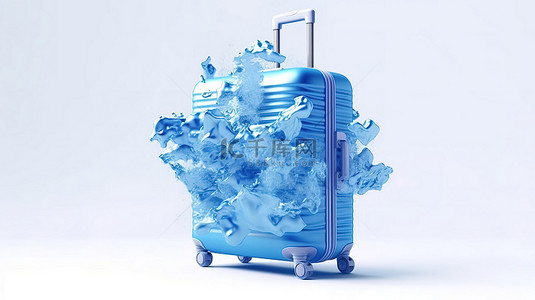 白色小飞机背景图片_创意之旅概念塑料袋蓝色手提箱在白色背景下飞行 3D 插图
