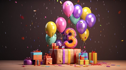3d 渲染一个快乐的派对安排，用气球和礼物庆祝 3 岁生日