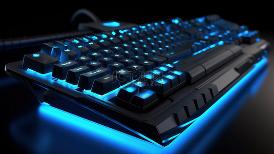 游戏玩家工作区概念的 3D 渲染，具有黑色背景上的蓝色电脑键盘以及流媒体设备