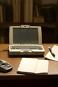 有膝上型计算机和笔记本的书桌