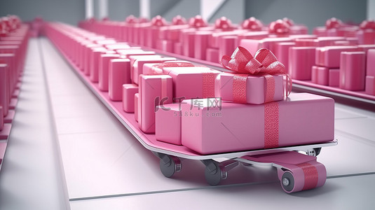 活动礼盒背景图片_新年庆祝活动 传送带滚筒上粉色礼盒的 3D 渲染