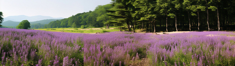 树顶背景图片_一片紫色花朵和绿枝树顶的田野