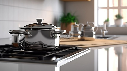 家具剪贴画背景图片_带水槽炉和餐具的厨房岛的 3D 渲染
