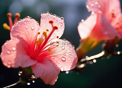 阳光明媚的春日，芙蓉花上覆盖着水滴