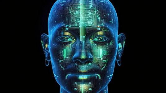 带有新西兰元货币和机器人元素的未来全息脸的 3D 渲染