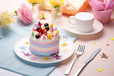 一个蛋糕，旁边有两个盘子，一把叉子和一把刀以及其他物品