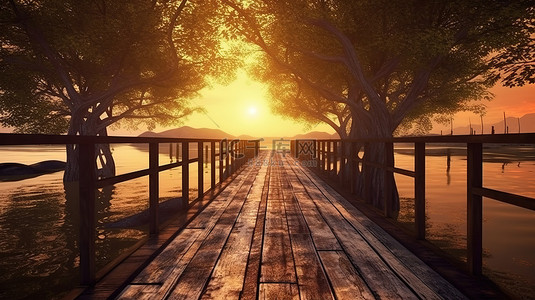 河流背景图片_一座老式木桥的 3D 渲染，俯瞰宁静的日落河