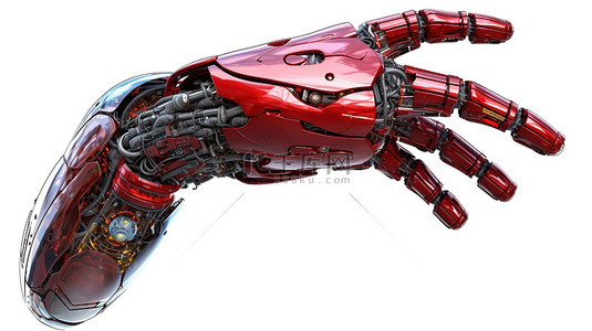 白色背景 3D 机器人手模型，有光泽的红色皮肤，手掌张开