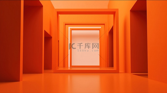 挂在画廊墙上的空相框 3d 渲染在橙色背景上