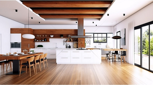 开放式平面图中配有木制家具和白色墙壁的传统厨房的 3D 渲染