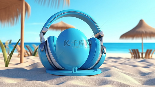 暑假音乐背景图片_数字创建的蓝色耳机放在充气球和躺椅上的美学描绘