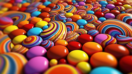 橙色红色背景图片_充满活力的糖果分类 3D 插图，从顶视图看到彩色巧克力和糖果
