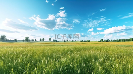 日出草原背景图片_3D 渲染的田野上蓝天的全景