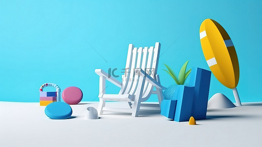 暑假概念的简约 3D 渲染，带有彩色沙滩椅和蓝色模型显示上的元素