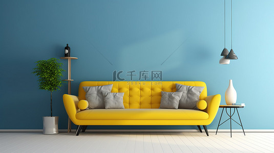 斯堪的纳维亚室内设计 3D 渲染简约客厅，配有蓝色沙发黄色枕头和墙壁