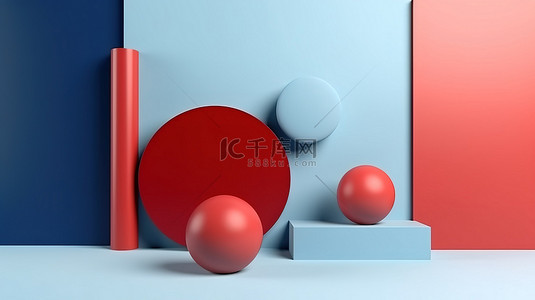 简约的蓝色和红色抽象背景，可在 3D 模拟场景中进行有效的品牌推广和产品展示