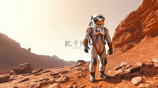 探索旅行背景图片_火星探险 一名宇航员以 3D 方式探索这颗红色星球的表面