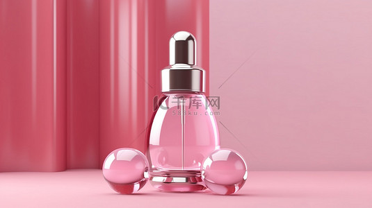 白色瓶护肤品背景图片_粉红色背景护肤品包装 3d 渲染血清液滴瓶放置在白色讲台上