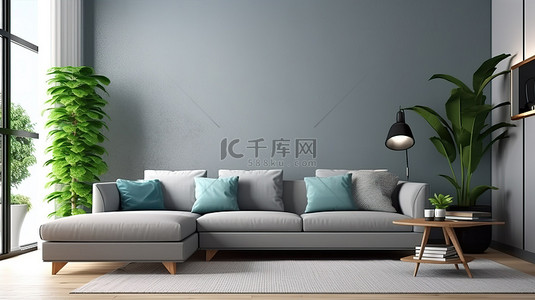 沙发小背景图片_3D 渲染客厅内部的当代灰色沙发