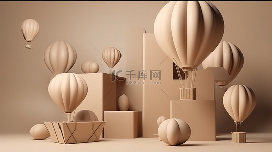 米色主题豪华礼品盒和气球 3D 渲染，带有广告空间，用于商业设计卡通风格插图