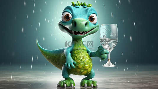 搞笑的 3D 恐龙人物抓着玻璃水滴
