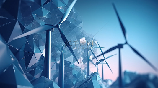 多边形环境背景下风力涡轮机和太阳能电池绿色能源概念的 3D 渲染