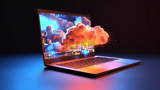 信息技术公司背景图片_与计算机笔记本集成的 3D 渲染云技术，用于云计算