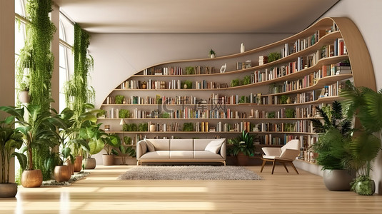 图书分类背景图片_3D 渲染图书馆中的现代书架设计与郁郁葱葱的绿色植物