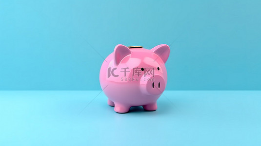 蓝色背景下粉红色存钱罐的 3D 插图