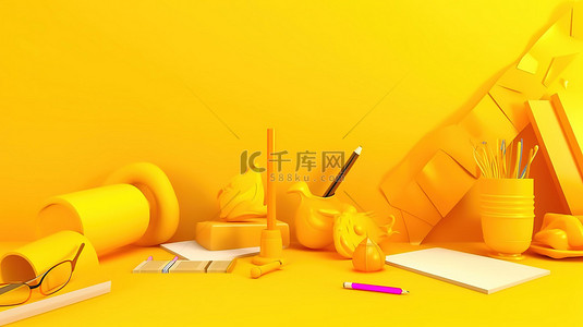 空横幅卡通以回到学校文具和教育元素为特色，在充满活力的黄色背景 3D 插图上