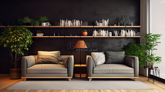 带两个单人沙发和架子的现代客厅的 3D 渲染