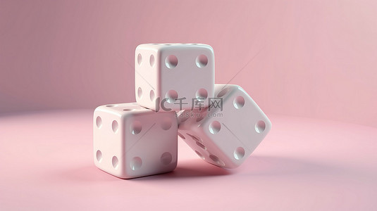 简约的 3d 渲染两个白色骰子漂浮在粉红色柔和的背景上，非常适合广告模板
