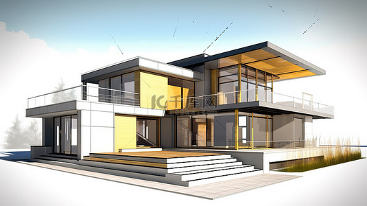 当代住宅设计和建造的 3D 插图