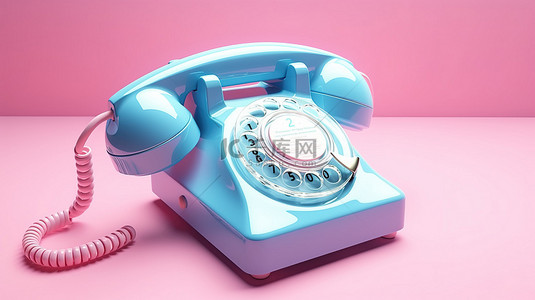 蓝色复古风格的复古旋转电话，粉红色背景 3D 渲染