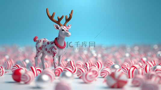 圣诞糖果拐杖背景图片_带有驯鹿雪花和拐杖糖的假日主题，有足够的空间用于复制 3D 渲染