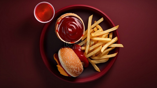 中國食品背景图片_在 3d 渲染中鸟瞰快餐汉堡薯条软饮料番茄酱和酱汁