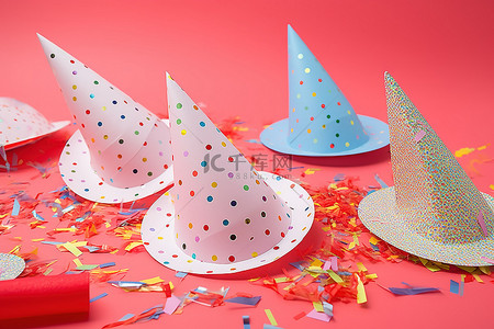 红桌上的帽子和派对五彩纸屑