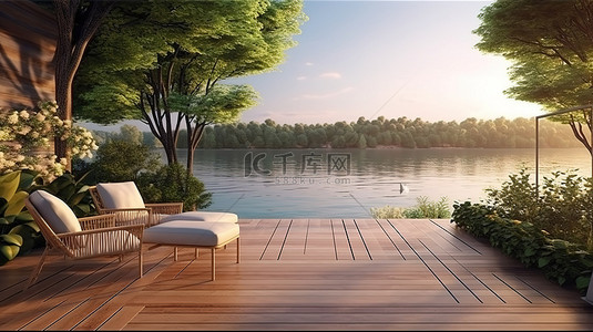 小屋湖边背景图片_宁静的湖边小屋的露台