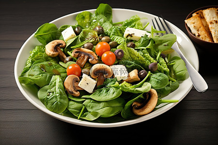 健康沙拉背景图片_菠菜沙拉配羊乳酪橄榄坚果蘑菇和油煎面包块