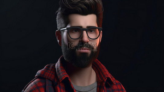 男性角色背景图片_红色法兰绒留着胡须的男性角色，戴着 3D 渲染的眼镜
