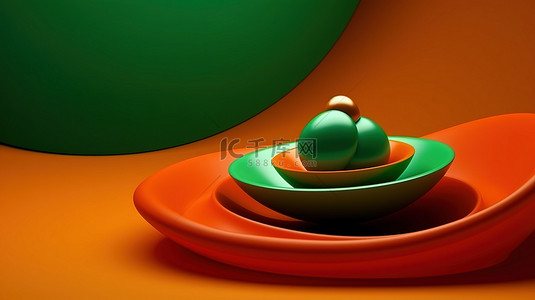 充满活力的橙色抽象波浪设计，在绿色背景上渲染 3D 对象
