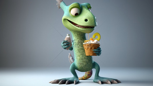 一个幽默的 3D 蜥蜴人物，手里拿着美味的纸杯蛋糕和招牌