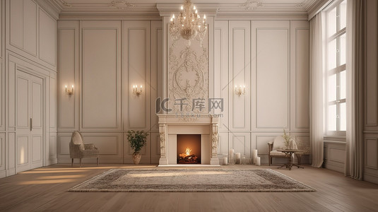 浅色家具背景图片_浅色调经典室内 3D 渲染中的优雅壁炉