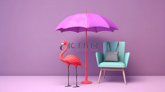 卖插画背景图片_柔和的天堂挂衣伞火烈鸟和椅子以 3D 形式展示