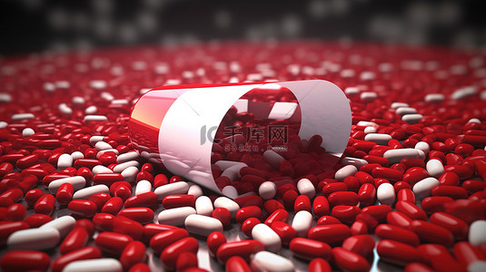 药物颗粒背景图片_3D 渲染显示带有深红色箭头形颗粒的红色和白色药丸胶囊的插图