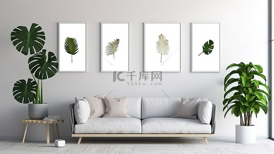 一家三代背景图片_简约客厅，配有三个空白框架木制家具和 3D 渲染的热带树叶